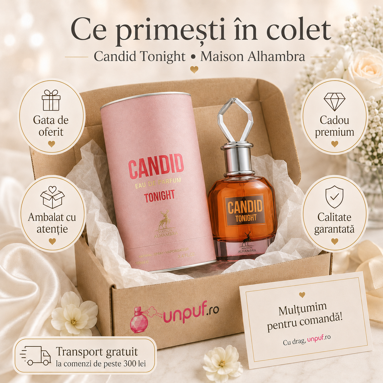 Ce primești &icirc;n colet Candid Tonight Maison Alhambra, parfum de damă 100 ml, ambalat cu atenție, cadou premium și calitate garantată